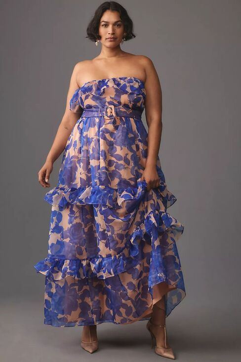 Anthropologie Dresses & Skirts - Anthropologie Strapless Tiered Maxi Dress Blue Floral 1X NO BELT, NEW